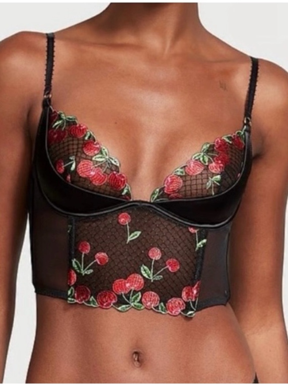 Victoria's Secret Black Mesh Longline Bralette with Red Cherry Embroidery